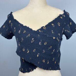 Hollister Wrap Top Stretchy Ribbed Navy Yellow Floral Print Cross Crop Large